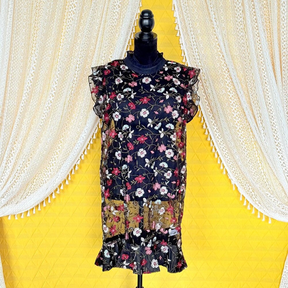 CeCe Sheer Embroidered Floral Mini Ruffle Dress Size L-XL - Picture 10 of 17